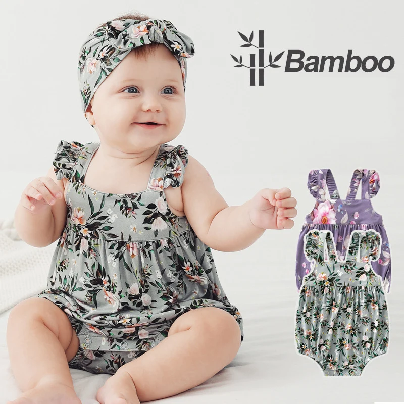 Newborn Infant Baby Girls Floral Print Suspender Romper Cozy Bamboo Fabric Jumpsuit Casual Sleeveless Bodysuit
