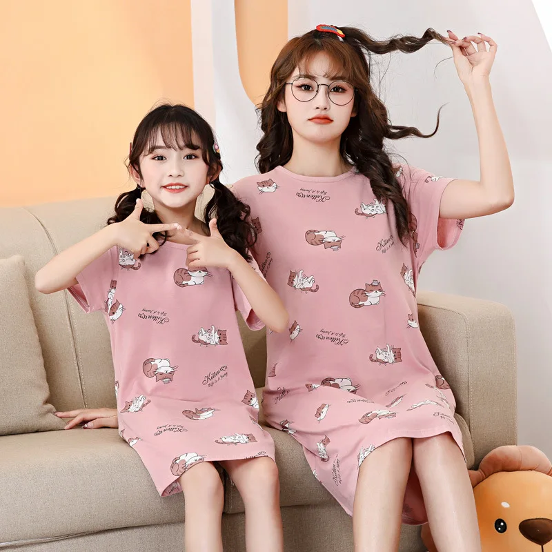 

New Summer Girls Cotton Nightdress Baby Pajamas Short-sleeved Kid Girl Sleepwear Large Size Nightgowns for Girl 8 Years 14 Years