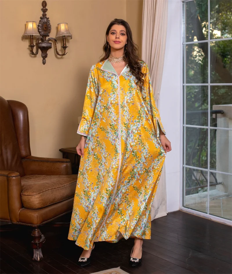 Abayas For Women Saudi Arabia Elegant Floral Print Long Dresses Diamonds V-Neck Kaftan Dubai Luxury Ramadan Clothes