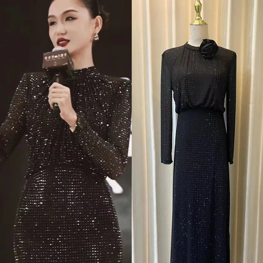 Женское длинное облегающее платье со стразами Элегантное Черное вечернее с