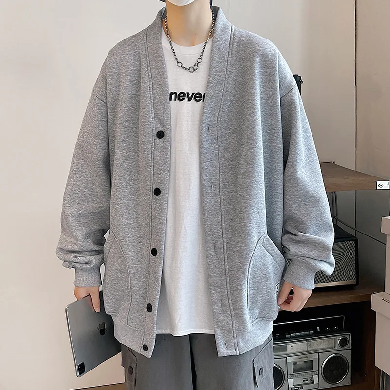 

men's spring autumn cardigan gray sweater New solid color loose Lazy hatless handsome fried street sports hiphop jacket