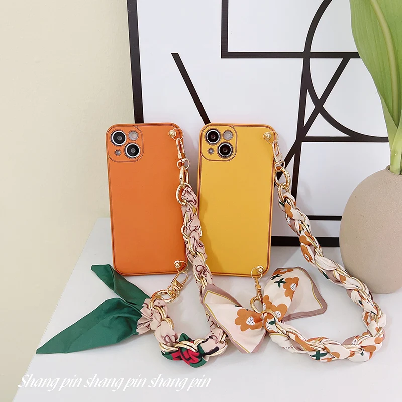 

Простой кожаный чехол для телефона IPhone 13 Pro Max креативный шелковый шарф защитный чехол с цепочкой для IPhone 11 12 13 чехол для телефона