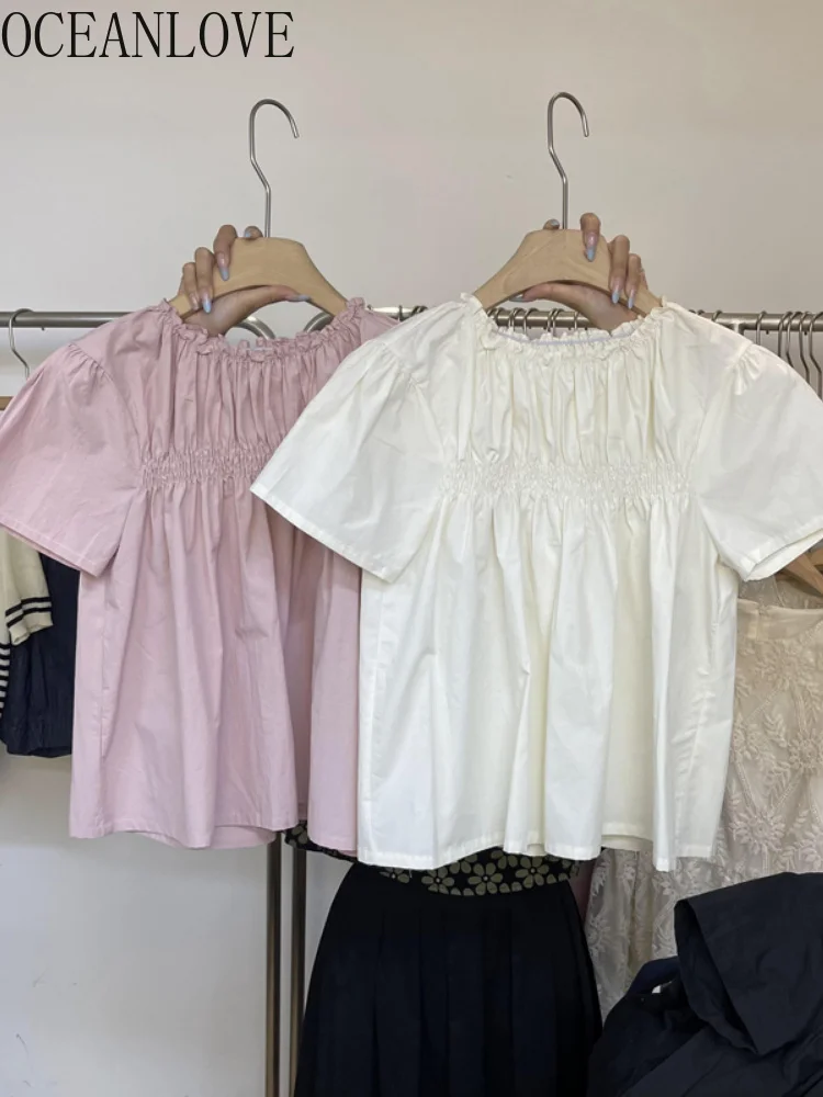 

Summer Blouses Sweet Korean ashion Pleated Short Sleeve Blusas Mujer Ins Tops O Neck Short Women Shirts Stretch