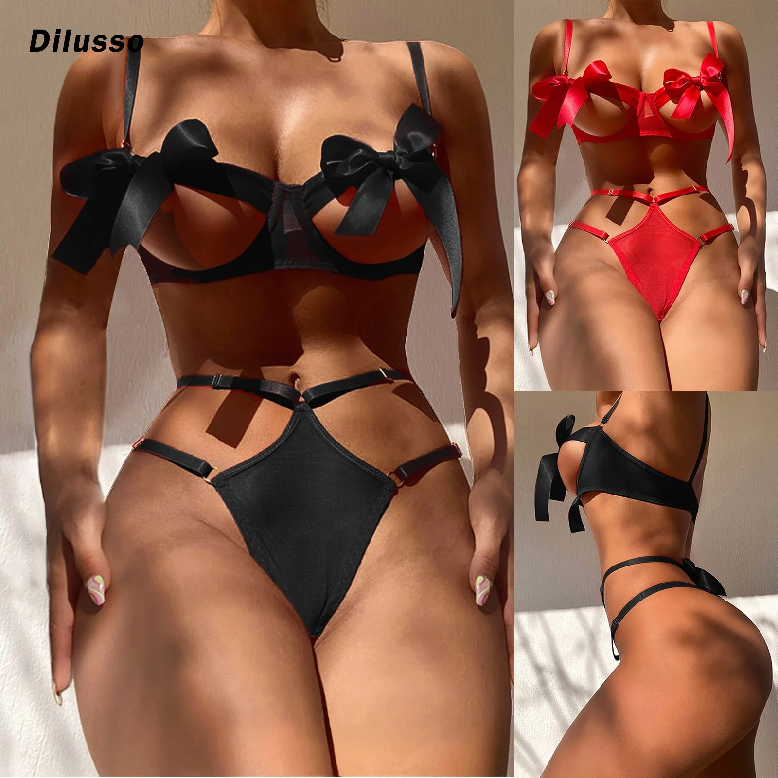 

Женское сексуальное однотонное кружевное нижнее белье из двух предметов с бантиком и стальным кольцом, сексуальное нижнее белье, костюм ...