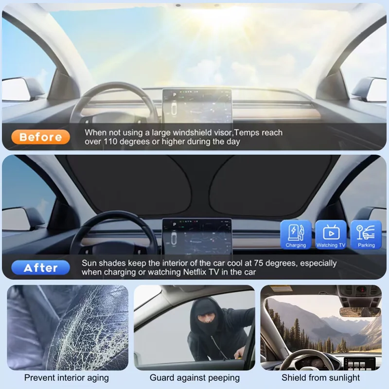 Фото Солнцезащитный козырек для лобового стекла автомобиля Tesla Model Y 3 2016-2026, Model 3 Highland 2024, складной, блокирует УФ-лучи №5