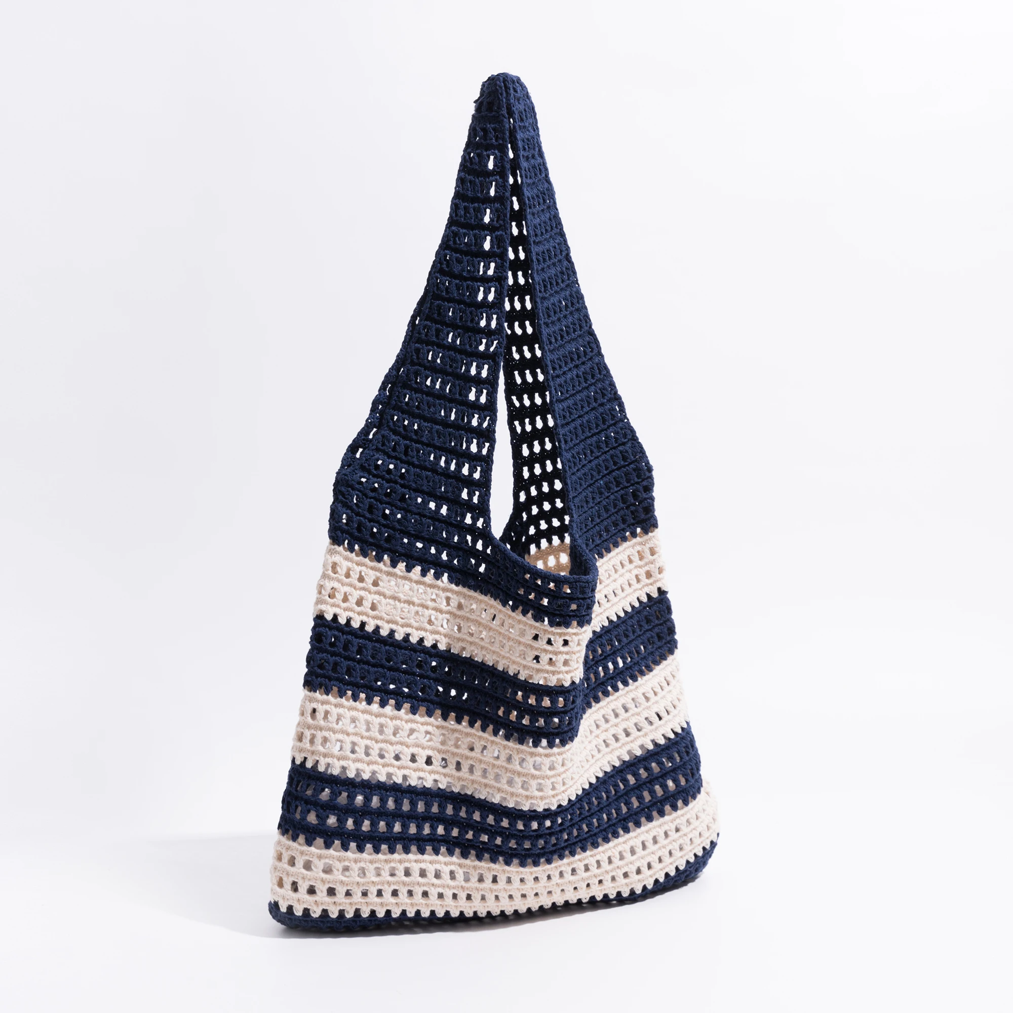 KOKOPEAS Hollow Out Knitting Stripe Shoulder Bag For Women Cotton Soft Beach Handbag Large Capacity Shopping Bag