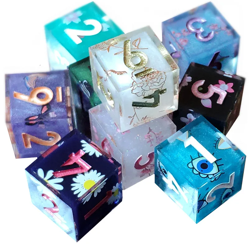 

Mini Planet 16mm D6 Dice DND Handmade Resin 6 Sides Dice Layered Sticker Dice D6 Custom Wholesale For Board Role-Playing Games