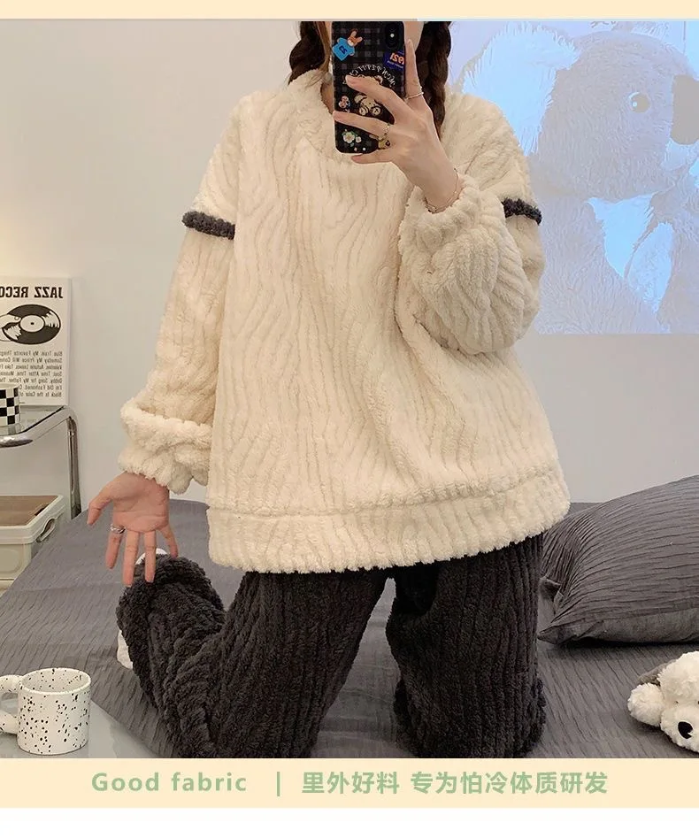 Флисовый фланелевой зимний пижамный комплект коралловый бархат женская теплая