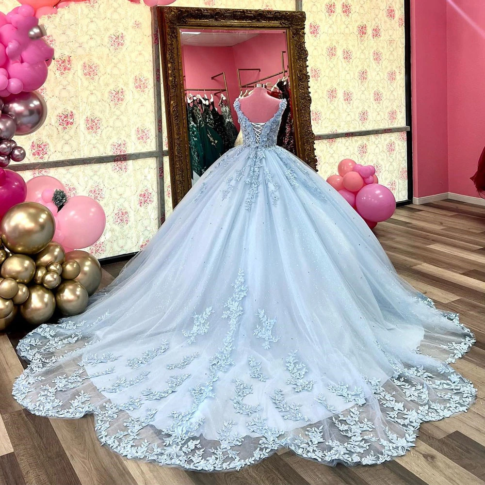 

ANGELSBRIDEP Light Blue Quinceanera Dresses Prom Gown Sparkly Beading Appliqued Cinderella Birthday Vestidos De Sweet 15 Años