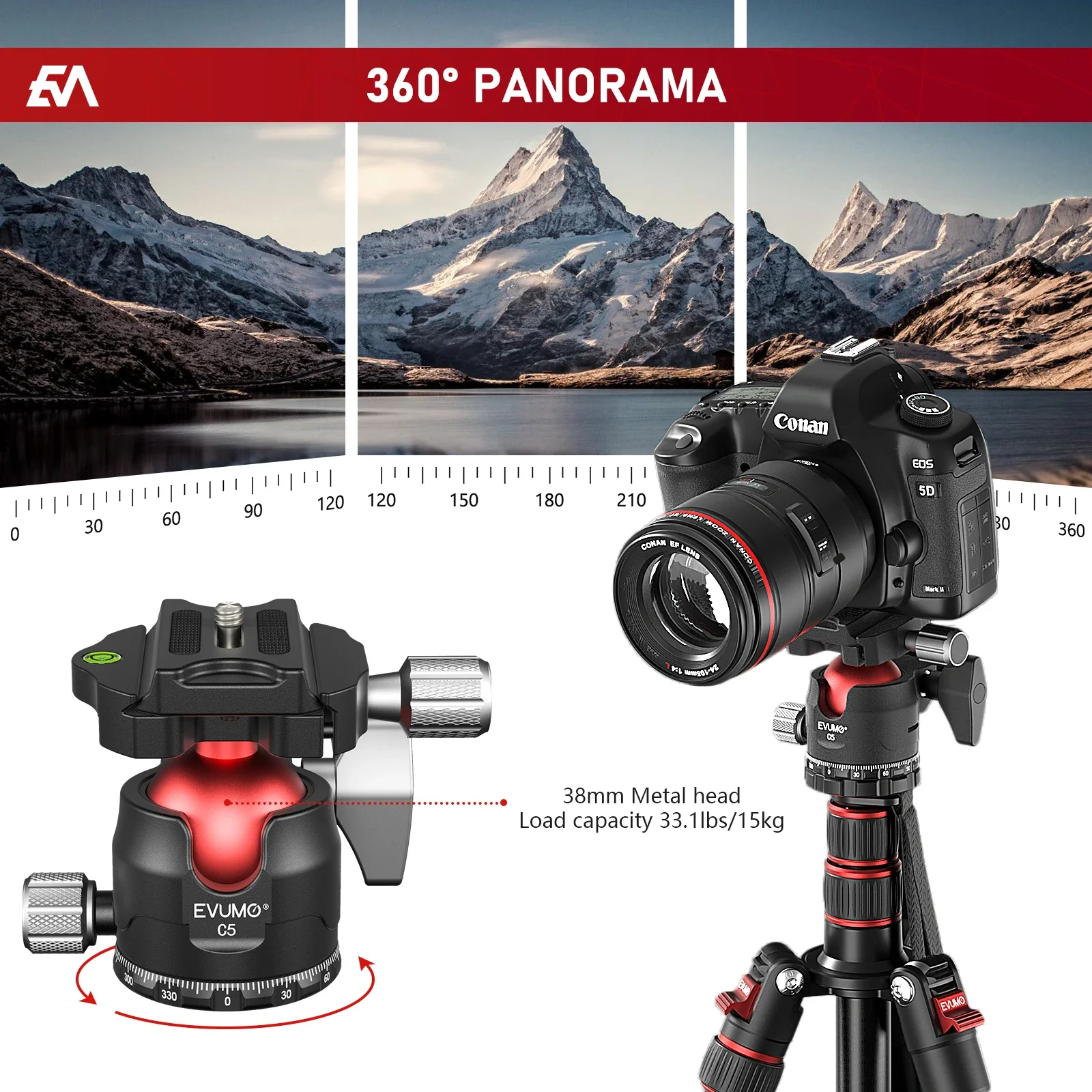 Фото Шаровая головка штатива EVUMO C5 360° °   Поворотная панорамная полная низкопрофильная швейцарская пластинчатая головка штатива с ЧПУ Arca для монопод камеры, нагрузка 15 кг №4