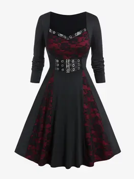 ROSEGAL Gothic Dresses Black High Waist Long Sleeves Vestidos 4XL Buckled Grommets Lace Panel A-Line Dress For Women Fall Winter 1