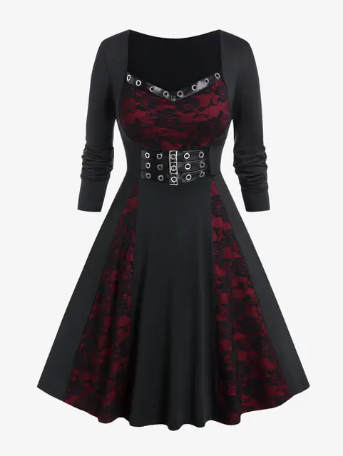 ROSEGAL-Vestidos góticos negros de cintura alta para mujer, manga larga, con hebilla ojales, Panel de encaje, línea A, otoño e invierno, 4XL 1