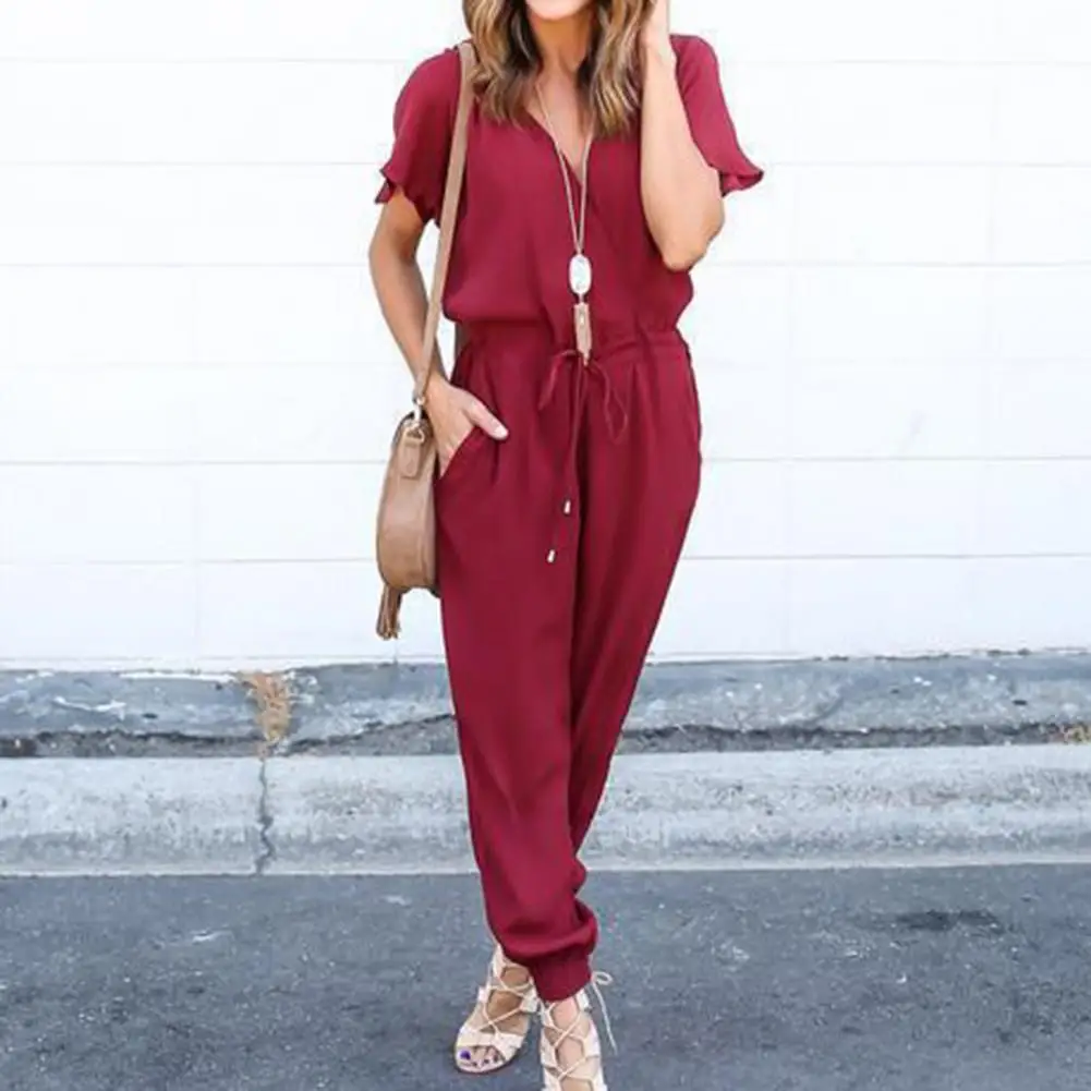 

Popular Summer Romper Breathable Long Pants Ankle Length Short Sleeves Tight Waist