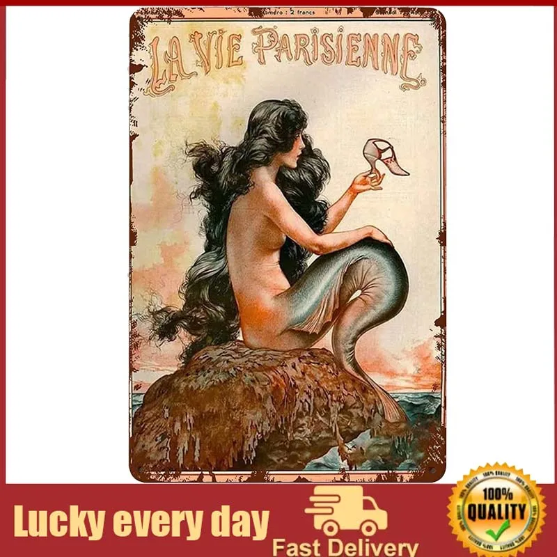 

Mermaid Metal Tin Sign,La Vie Parisienne Vintage Poster Plaque Sign For Home Restaurant Kitchen Wall Decor Best Family Decor