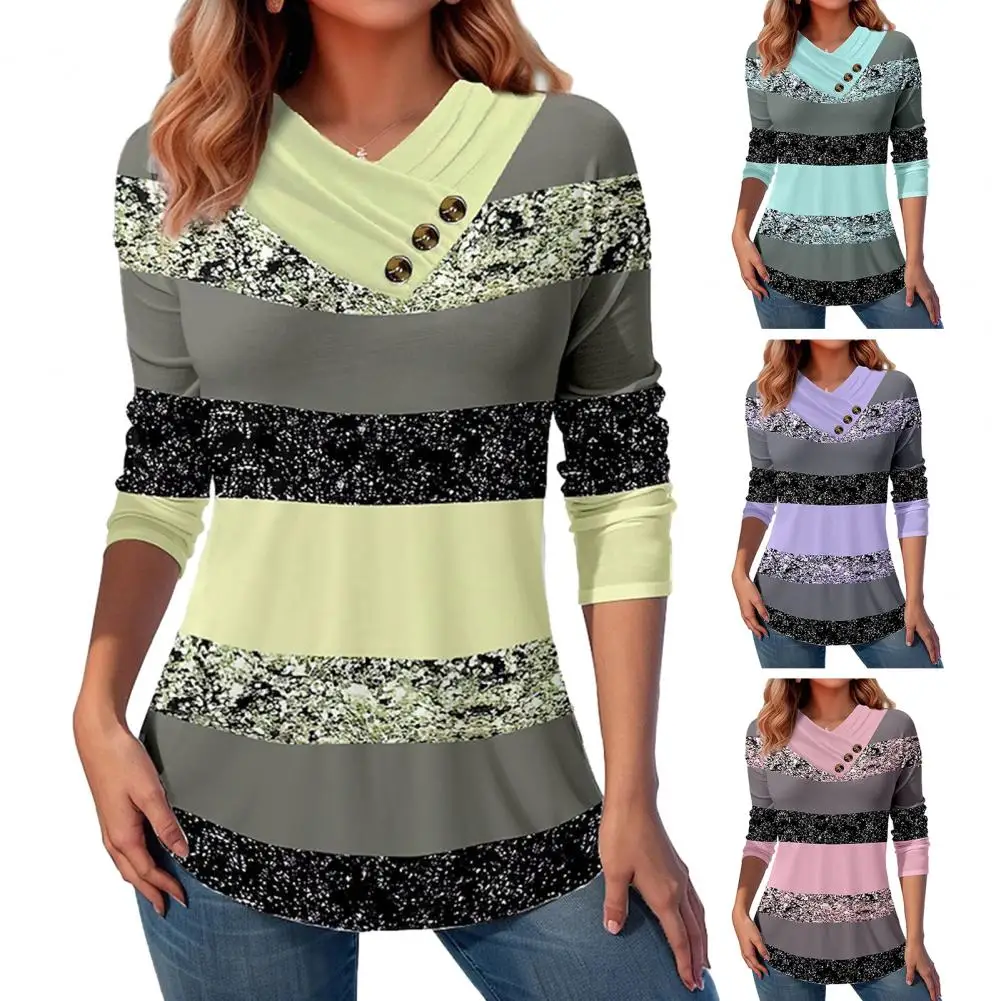 

Women Loose Fit Top Colorblock Button Decor 3d Print Long Sleeve Blouse for Women Plus Size V Neck Pullover Soft Breathable Mid