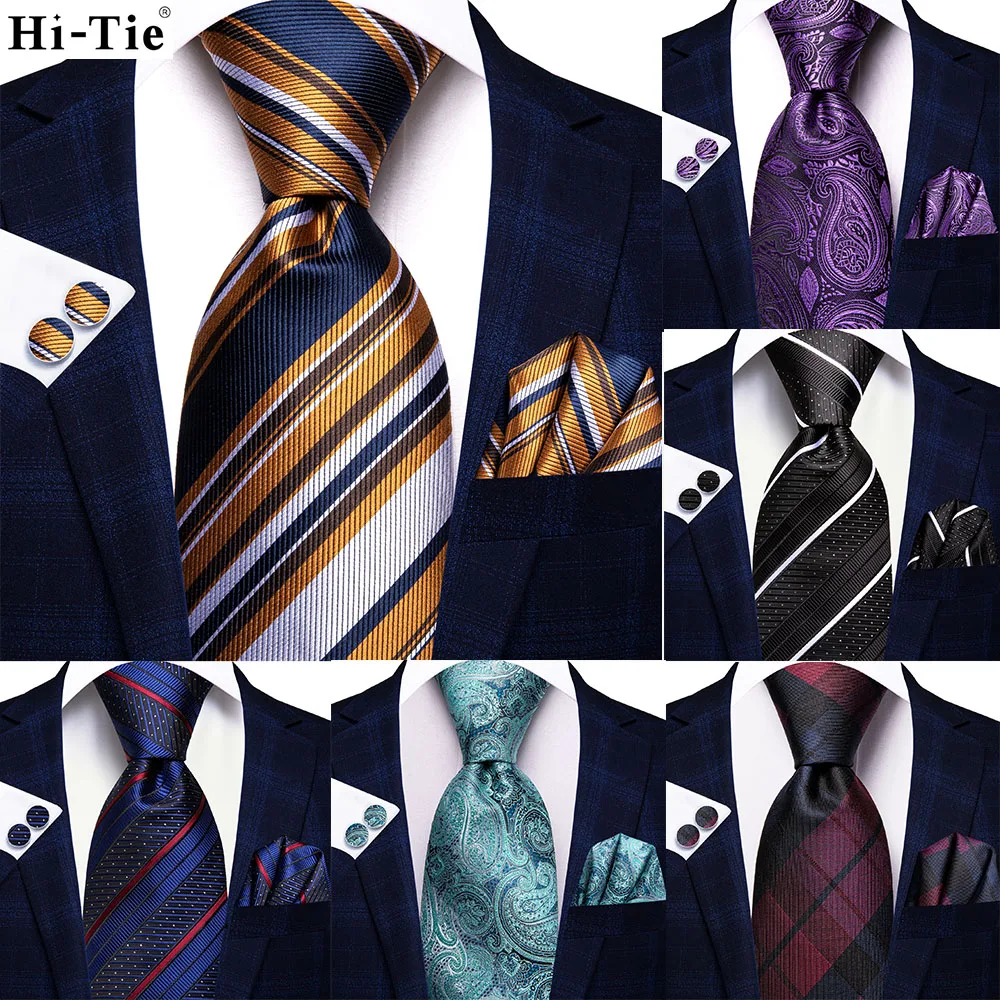

Hi-Tie Designer Mens Necktie Striped Blue Purple Silk Wedding Tie For Men Handky Cufflink Gift Fashion Business Party Dropship