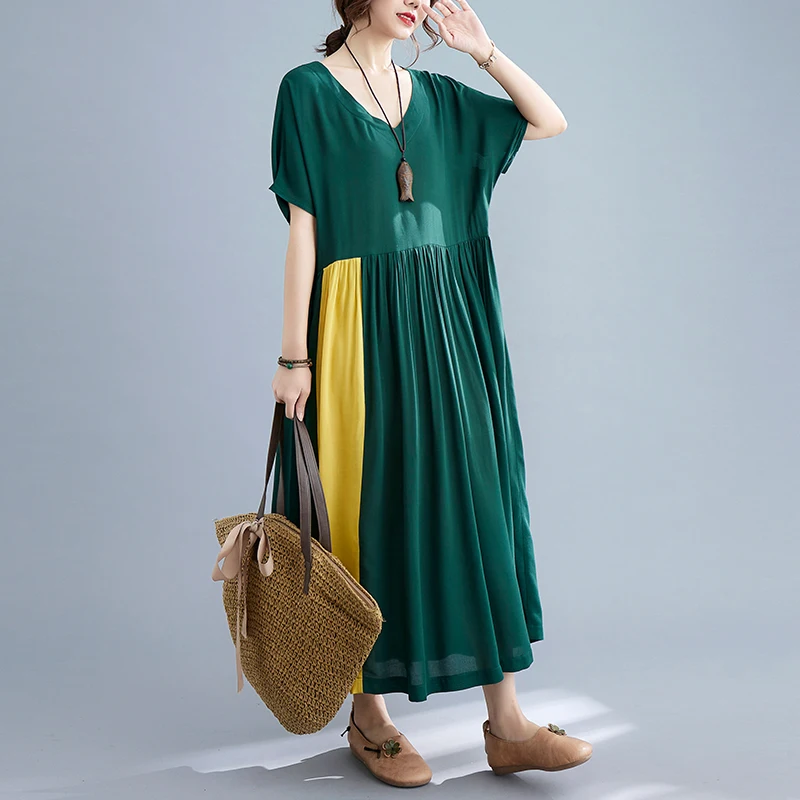 Женское платье-макси с V-образным вырезом из хлопка и льна |