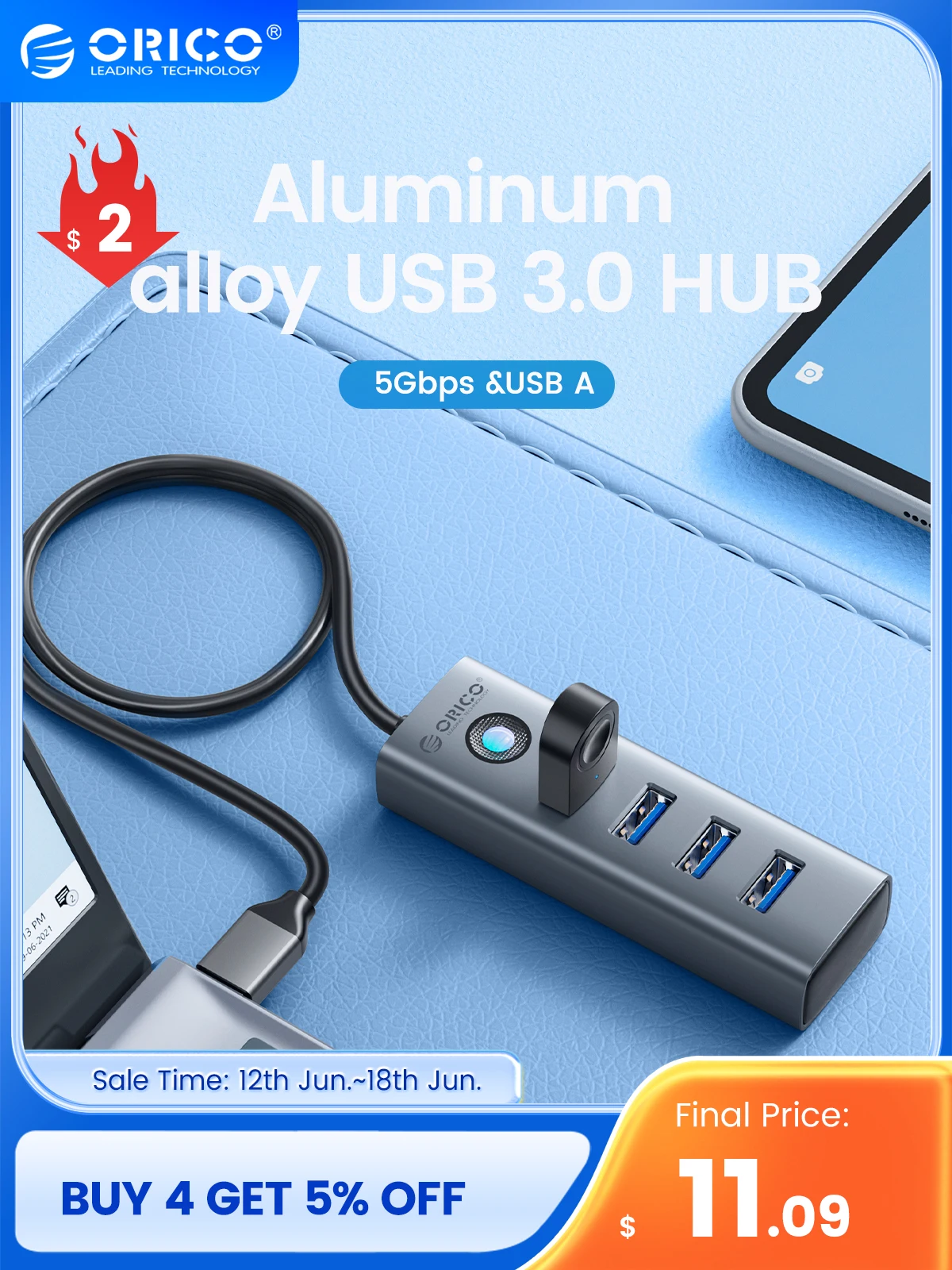 ORICO 4-Port USB 3.0 HUB Aluminum Alloy Plug And Play Mini Socket hub/USB Splitter 4 Ports 5Gbps High-Speed Transmission