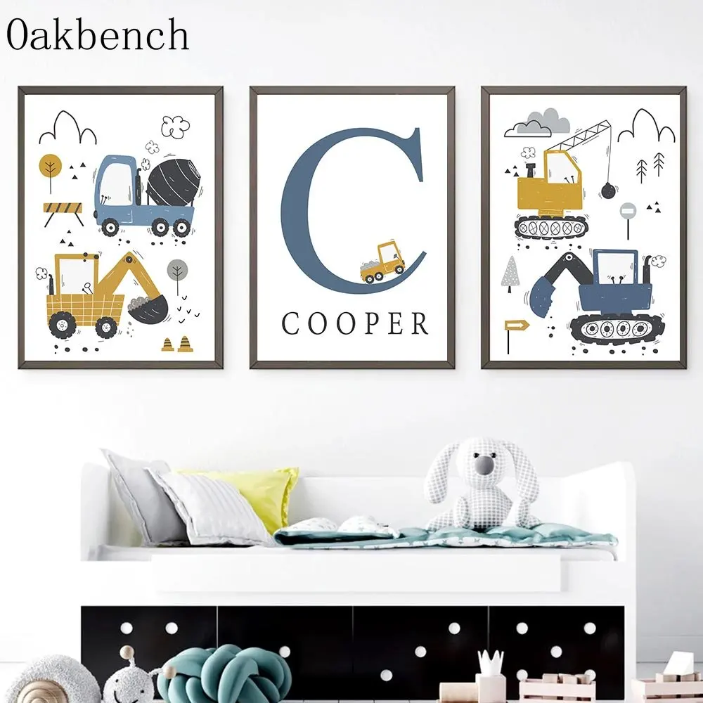 Экскаватор холст живопись Имя Пользовательские принты картины журавль художественные принты игрушки автомобили настенное Искусство Детские плакаты детская комната для мальчиков Декор