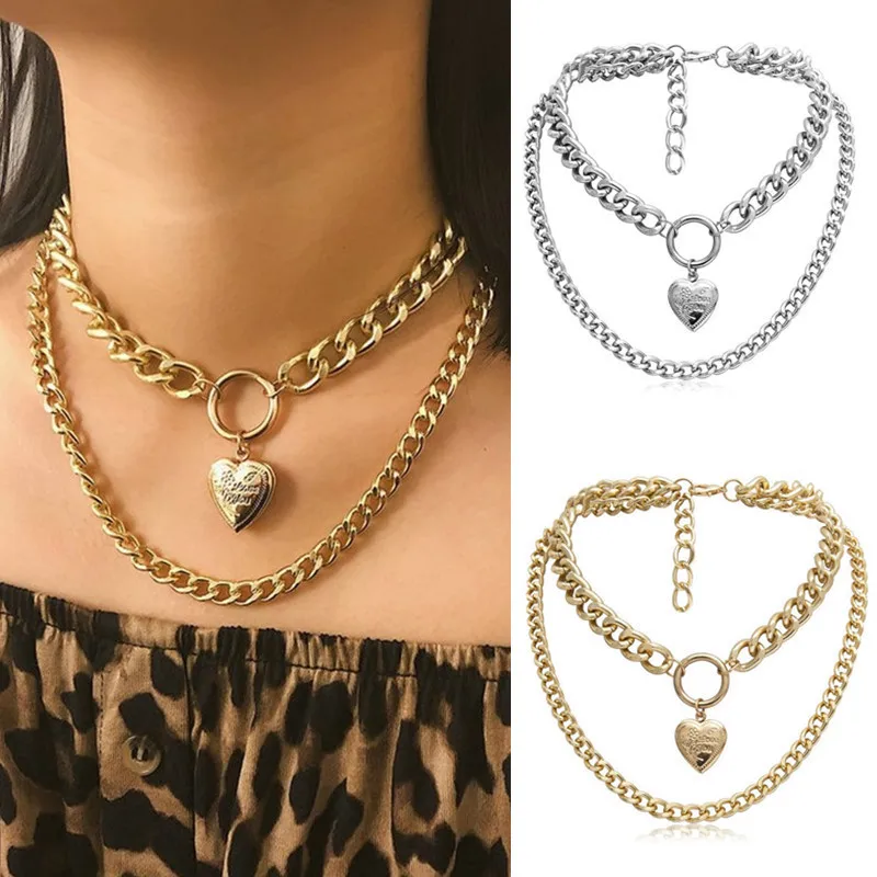 

European hot selling creative heart-shaped openable pendant punk exaggerated double-layer simple chain short necklace