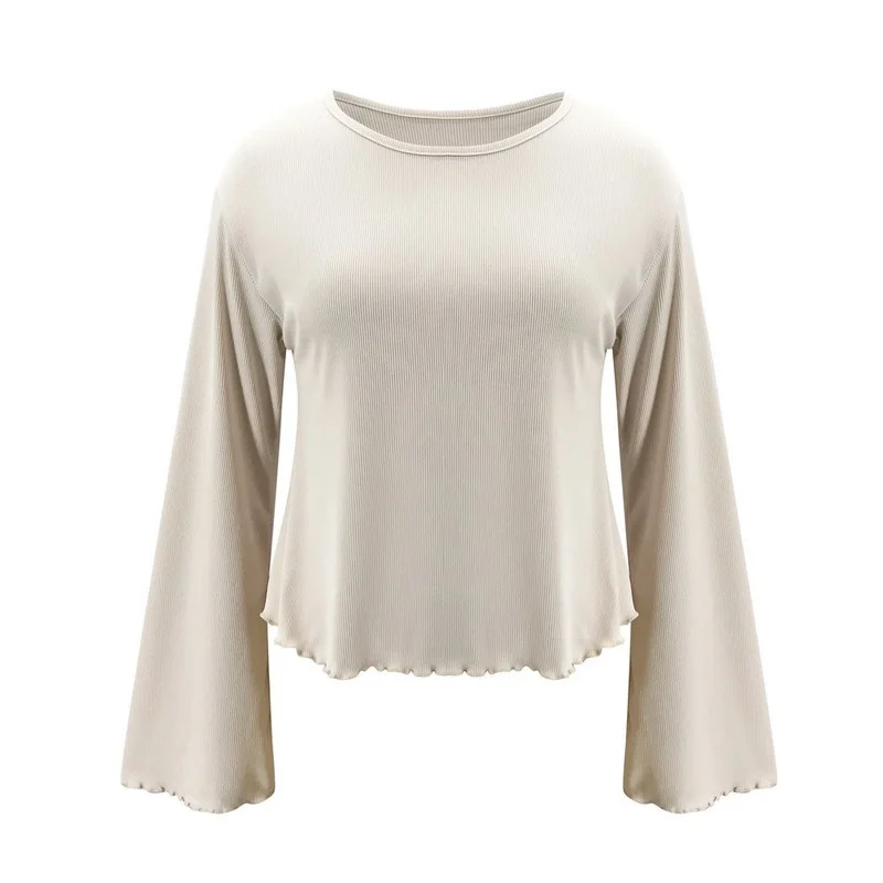 2021 Women's Rib Knit Clothes Set Long Flared Sleeve Round Neck Top + Ruffle Shorts Casual Elastic Band 2-piece Set Home Service