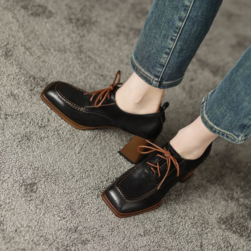 NEW Spring/Autumn Women Loafers Square Toe High heels Genuine Leather Chunky Heel Pumps Women Plus Sizes Retro Lace Black Shoes