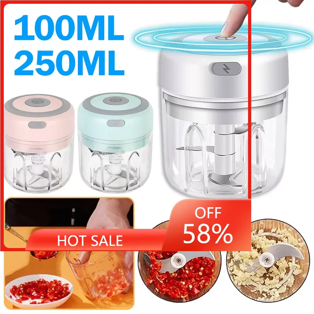 

100/250mL Mini Garlic Masher Chopper Cutter Ginger Masher Machine for Kitchen Food Crusher Chili Vegetable USB Charging