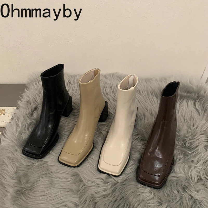 

2023 Autumn Women Ankle Boots Fashion Square Toe Back Slipper Ladies Short Boots Square High Heel Ladies Winter Shoes