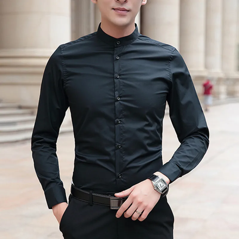 

2022 New Men Shirts Business Long Sleeve Stand Collar Cotton Male Shirt Slim Fit Popular Designs Men's Fahion