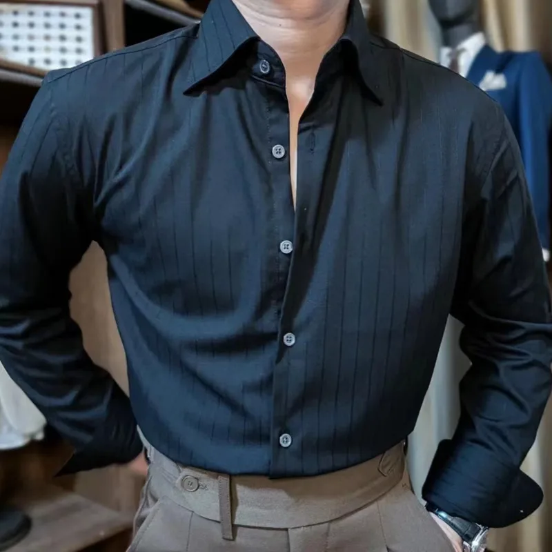 

Spring Leisure British Business Shirt Design British Men Cuba Collar Slim Solid Green Shirt Camisa Social Masculina Men Shirt