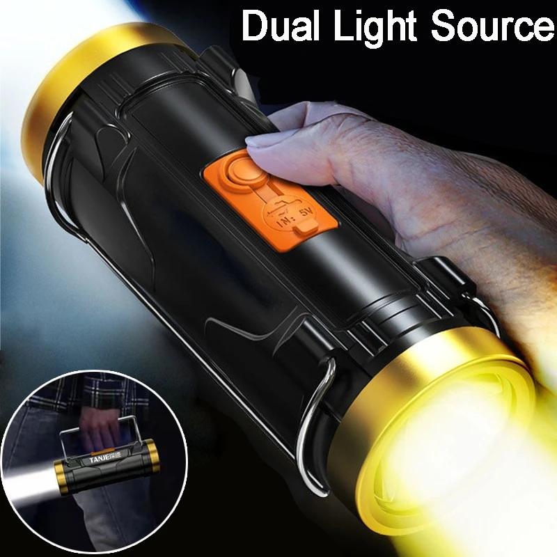 

Dual Light Source Flashlights LED High Power Torch Lantern Portable USB Rechargeable Spotlight Searchlight Fishing Hiking Lamp