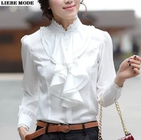 womens pink white black silver long sleeve tops blouses women vintage ruffle shirts elegant lace button down stand collar shirt