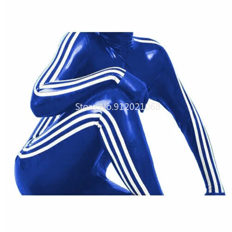 

Handmade men's dark blue with white strips latex catsuit back crotch zip W/O socks and gloves
