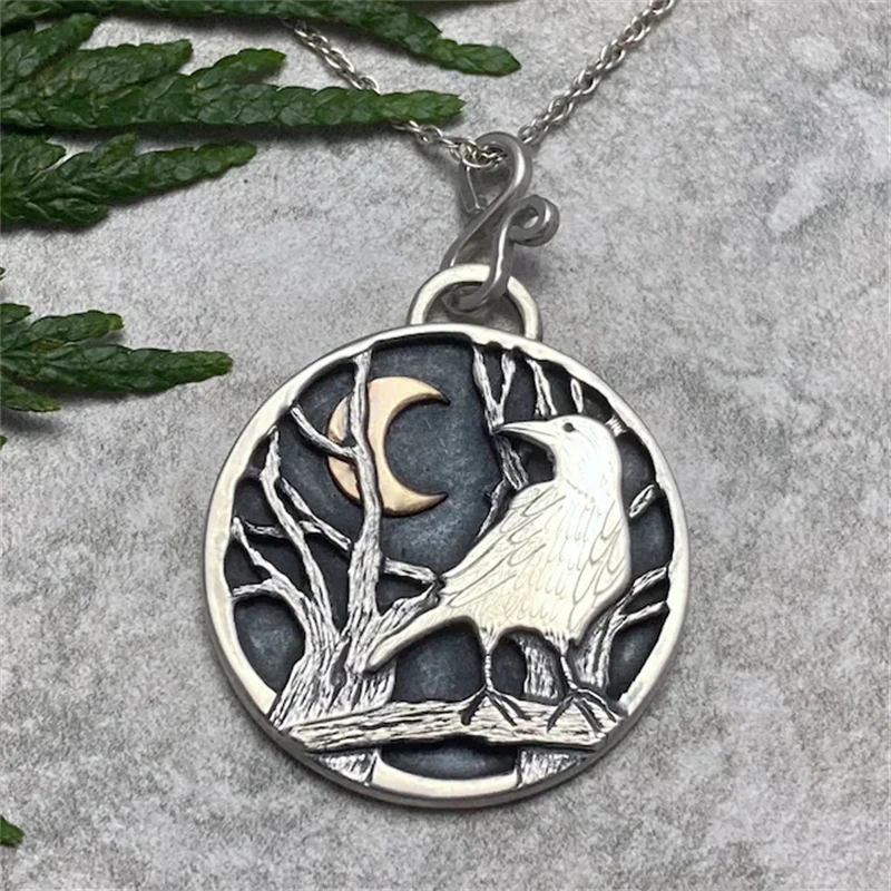 

Personality Retro Style Women Silver Color Metal Pendant Necklace Texture Half Moon Eagle Tree Layered Pendant Necklace Jewelry