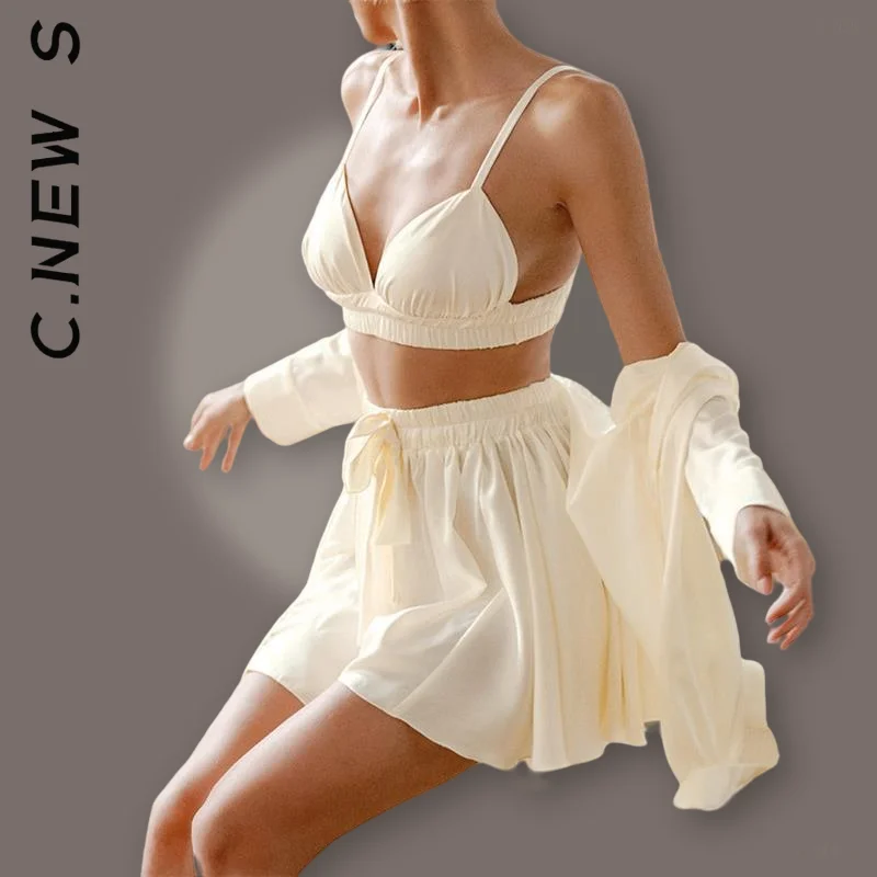 Модный женский комплект пикантные шорты юбка пижама халаты с длинным рукавом