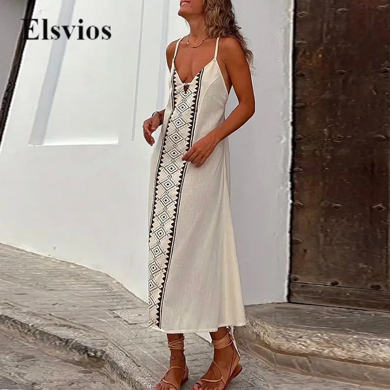 

Casual Loose Women Sleeveless Beach Dress Fashion Geometry Print Tie-up Backless Party Dres Sexy Sling V-Neck Bohemia Long Dress