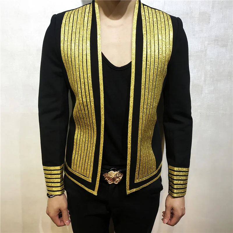 

Gold Style Stripe Korean Slim Suit For Men's Walk Show Fashion Nightclub Blazer Performance Clothing Stylist Blazer Hombre