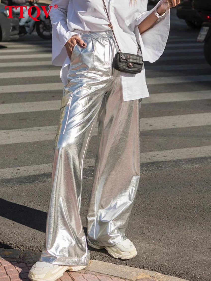

TTQV повседневные свободные серебристые женские брюки 2023 модные длинные брюки с высокой талией Элегантные Простые однотонные брюки женская одежда