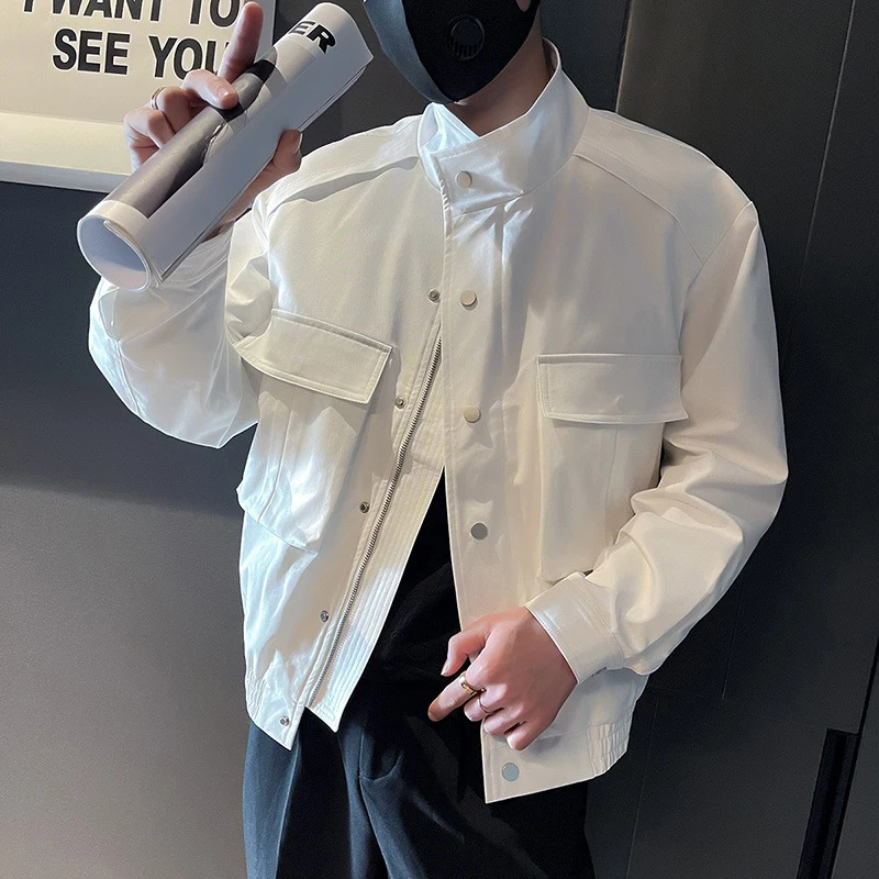 

Men Long Sleeve Autumn Coat Outwear Fashion Stand Collar Single Breasted Cardigan Coats Simple Solid Big Pockets Cargo Jackets