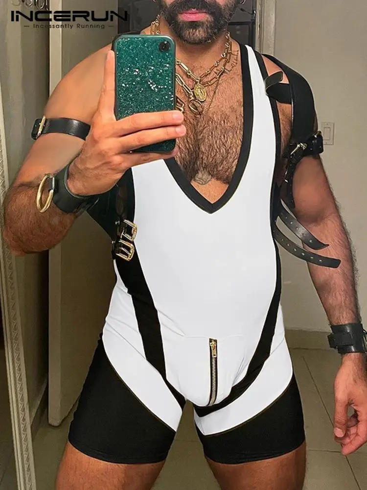 INCERUN 2023 Comfortable Homewear Men Hot Sale Sleeveless Jumpsuit Fashion Casual Style Male V-neck Splicing Zip Bodysuits S-5XL