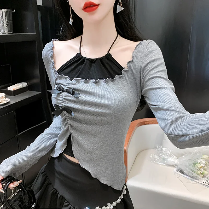 Женские милые футболки с длинным рукавом укороченные топы-туника бантом