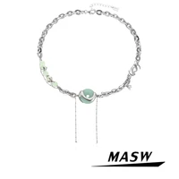 masw original design green resin pendant necklace luxtury style one layer thick plated silver color chain necklace for women