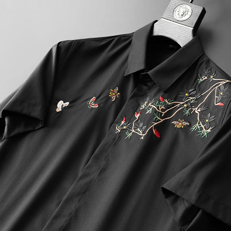 Floral Embroidery Shirts Men Business Casual Short Sleeve Shirt Slim Formal Dress Tops Social Party Male Clothes Chemise Homme