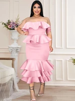 pink strapless dresses plus size 4xl off shoulder ruffles high waist sheath peplum midi evening wedding event outfits for ladies