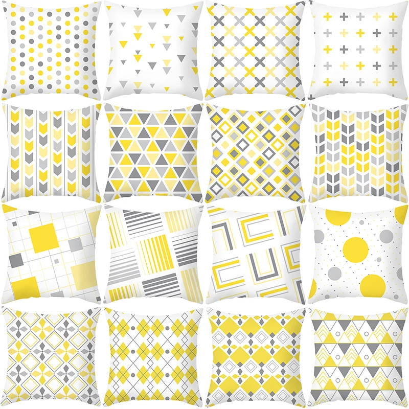 

Yellow Grey Geometric Print Sofa Pillowcase Peach Skin Pillowcase Square Pillowcase Home Decor Pillowcase