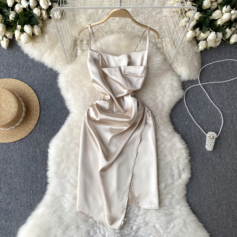 

Summer Slim Irregular Champagne Color Tight Suspender Dress For Lady