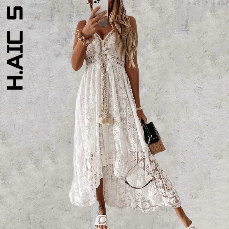 

H.Aic S Dress New Women V Neck Spaghetti Strap Off Shoulder Lace Patchwork Elegant Dress Robe Elastic Vestidos Dress Woman