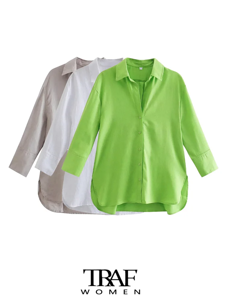 

TRAF Women Fashion With Side Vents Loose Linen Shirts Vintage Long Sleeve Button-up Female Blouses Blusas Chic Tops