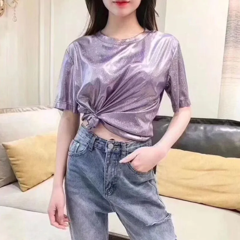 

Short-sleeved T-shirt Women's Glittering Student Girlfriends Round Neck Bottoming Shirt Bright Silk Top Korea Female Girls Tees
