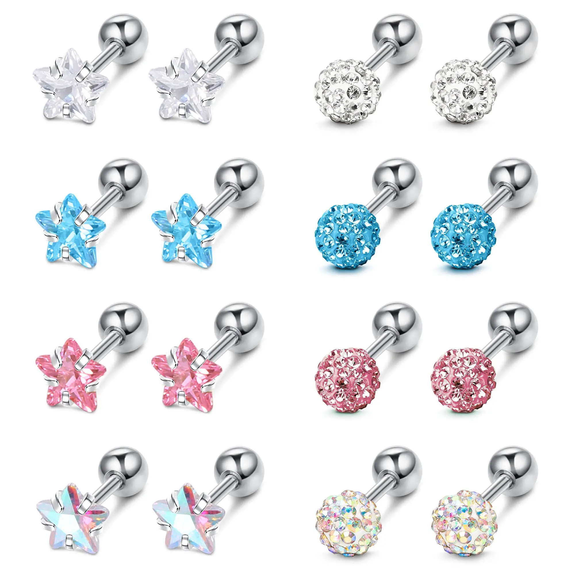 

1 Pair Cartilage Earrings 16G Surgical Steel Earrings Screw Back Earrings CZ Ball Heart Star Square Round Tragus Helix Earrings